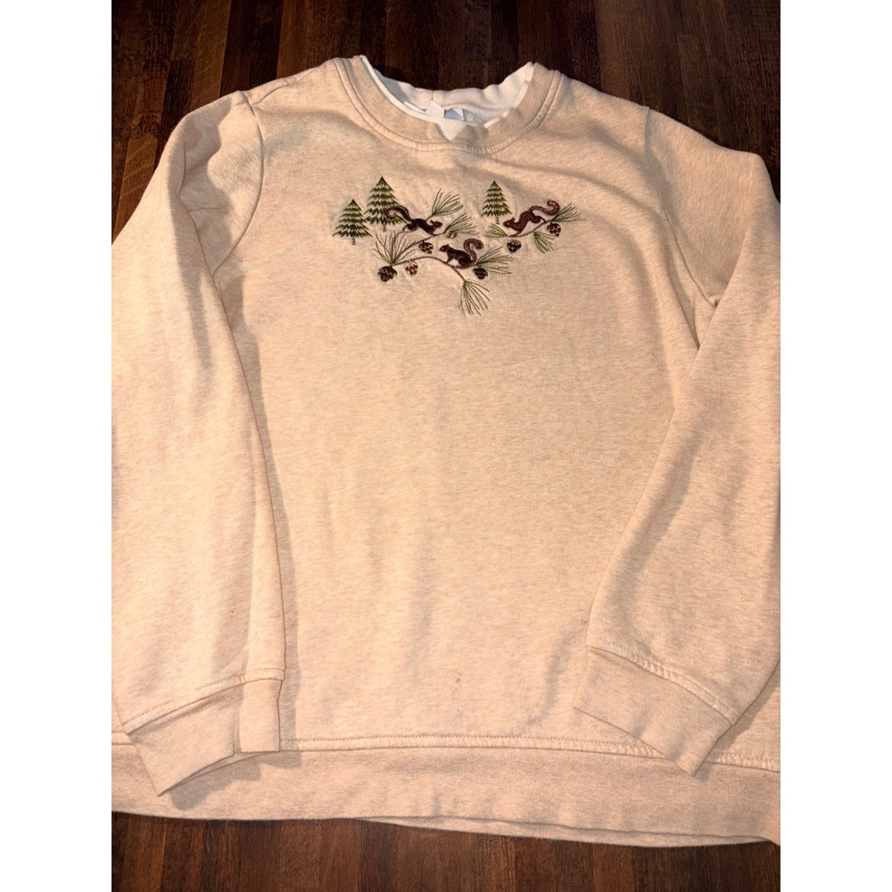 Breckenridge Embroidered Squirrel Pine Tree Sweatshirt Oatmeal Beige Size M
